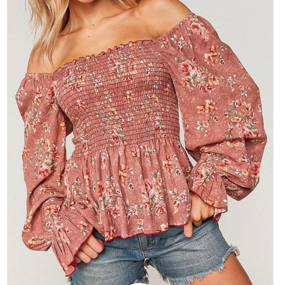 Mauve floral boho smocked off the shoulder lantern sleeve peplum babydoll top